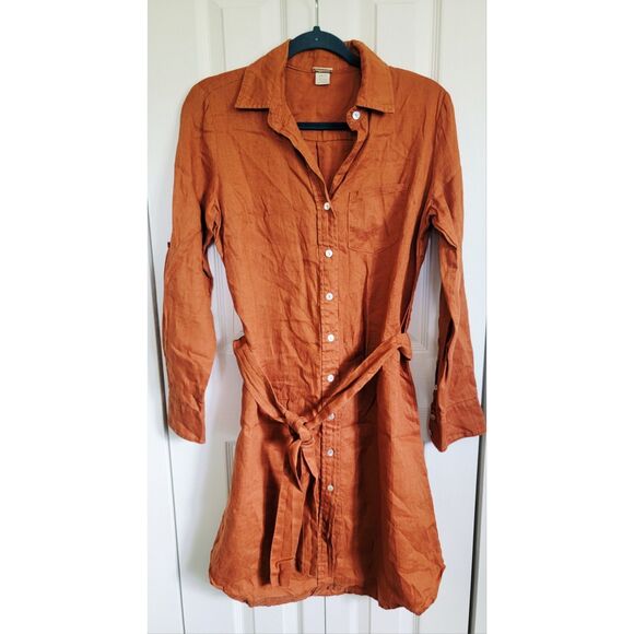 Magaschoni XS Linen Shirt Dress Women Clay Button Down Roll Tab Belted Tunic‎ - Picture 1 of 8
